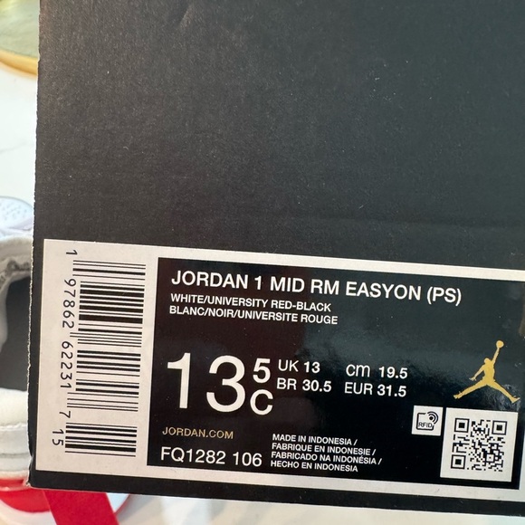 Nike Jordan 1 Mid RM Easton (PS) red and white high top shoes. Youth size 13.5C. - Picture 9 of 10